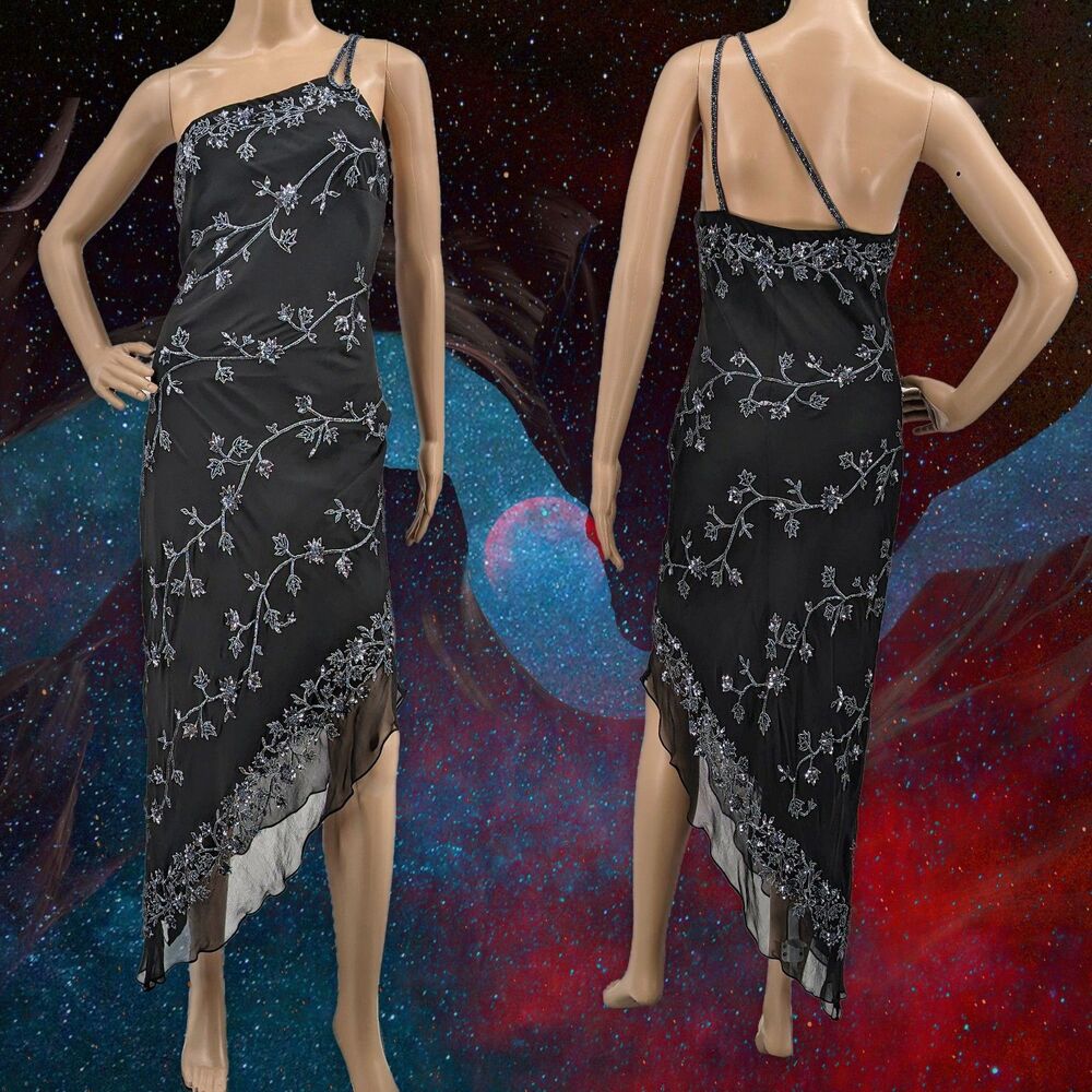 Vintage 1990s y2k Scala Evening Dress Mini Black Floral Beaded Fairycore Siren M - Picture 4 of 14